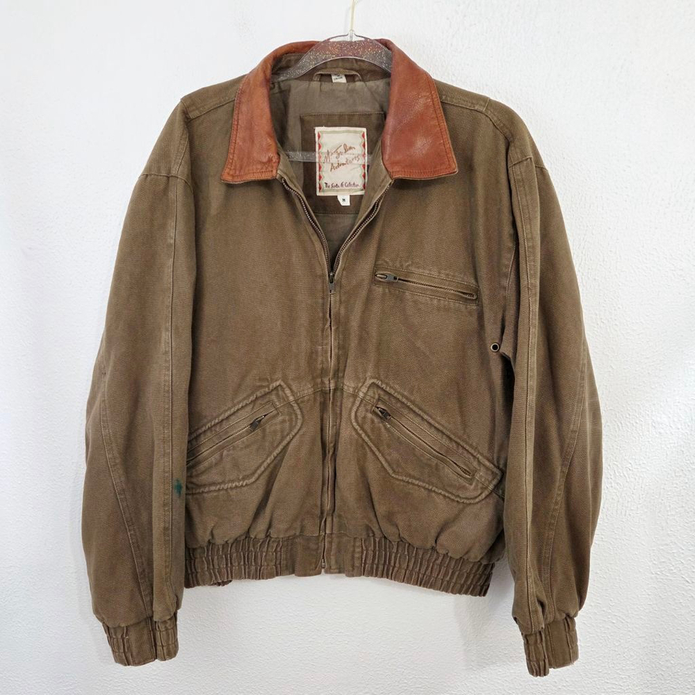 Vintage M. Julian canvas aviator bomber jacket olive green leather collar medium